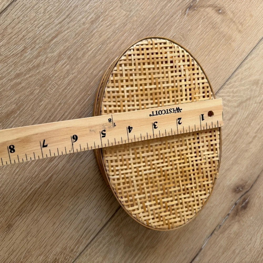 Vintage Woven Bamboo Oval Trinket Box with Lid Natural Wood Boho Storage 7.5in
